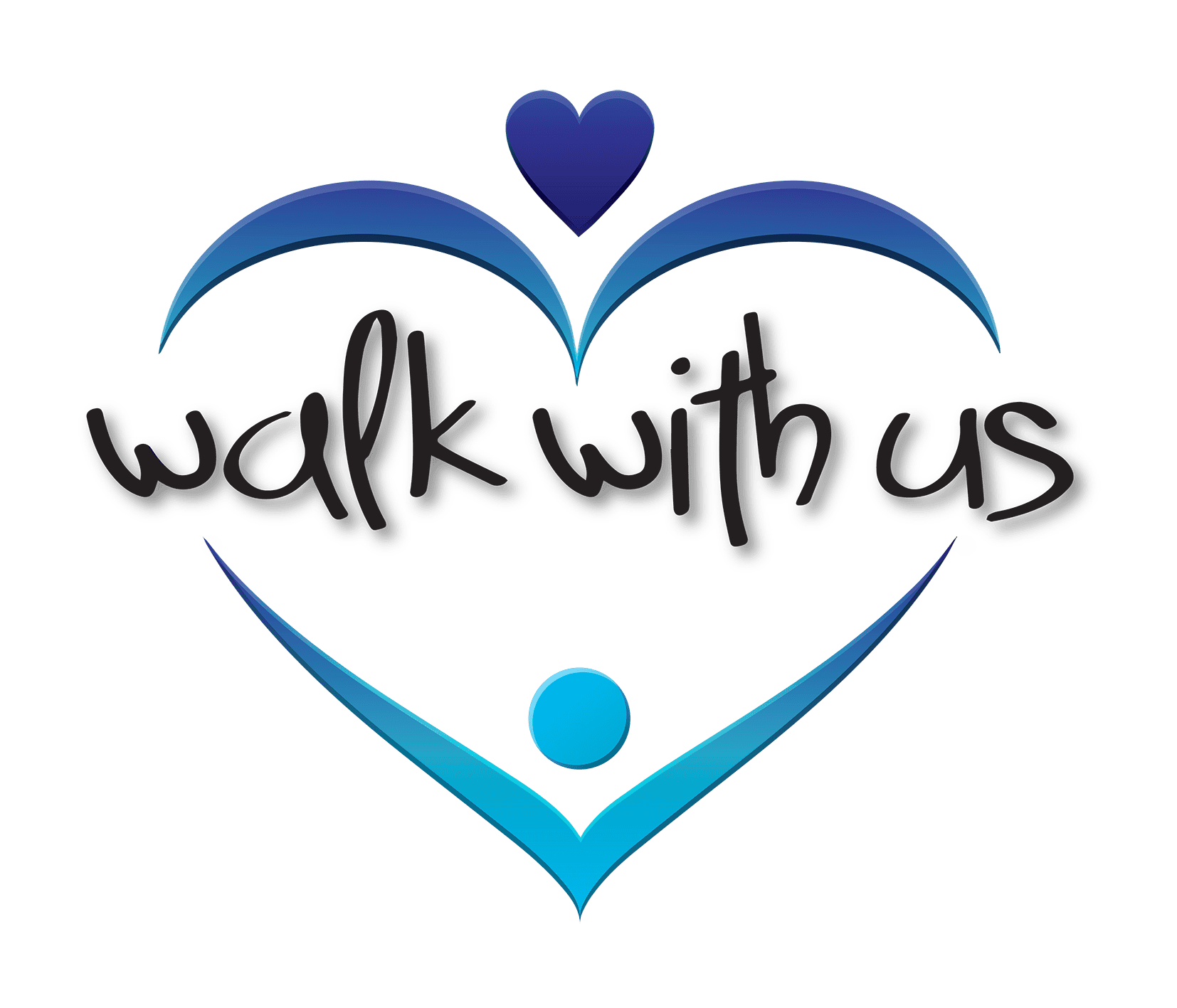A stylized blue heart with a smaller heart at the top and a dot at the bottom, surrounding black, brushstroke-like text that appears abstract or unreadable.