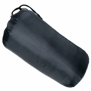 A black Sleeping Bag is rolled up and stored in a matching black stuff sack, with drawstrings visible at the top.