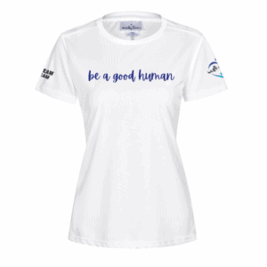 Ladies Walk With Us RapidCool Ultra Light Sponsor Tee: white women's short-sleeve t-shirt featuring "be a good human" in blue script on the front and small sponsor logos on both sleeves. Displayed against a plain white background.