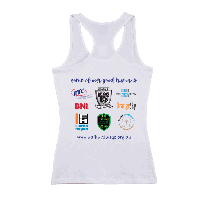 The Ladies Walk With Us Stretch Racerback Sponsor Singlet is a white tank top featuring sponsor logos like ETC, BNI, Orange Sky, and Fulton Hogan on the back, with "some of our good humans" above and a website at the bottom.