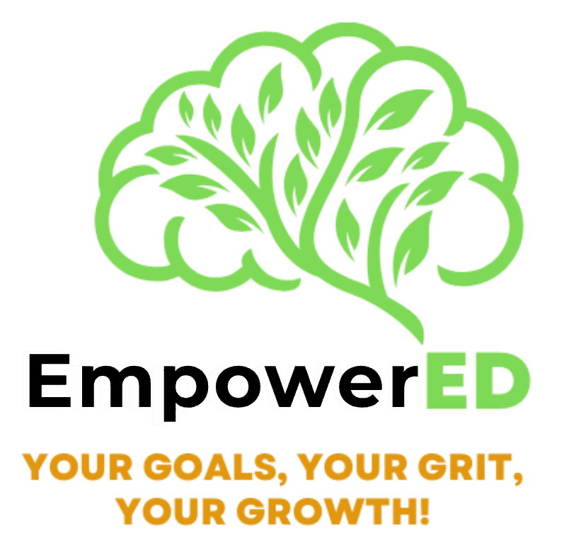 Green tree graphic with "EmpowerED" in bold black and green text, and the phrase "YOUR GOALS, YOUR GRIT, YOUR GROWTH!" in orange below.