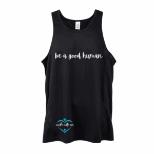 The Mens Walk With Us Accelerator Cool Dry Tank is a black sleeveless top featuring "be a good human" in white script on the chest and a small blue heart logo with "walk with us" at the hem.