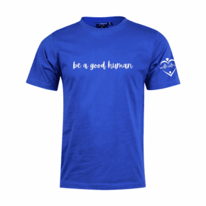 The Mens Walk With Us Tee is a royal blue T-shirt featuring "be a good human" in white script on the chest and a white heart with "walk with love" on the left sleeve.