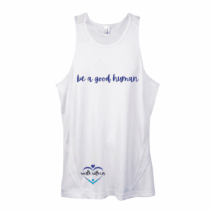 The Mens Walk With Us Accelerator Cool Dry Sponsor Tank is a white athletic tank featuring “be a good human” in blue script on the chest and a small heart logo with “walk with us” near the hem.