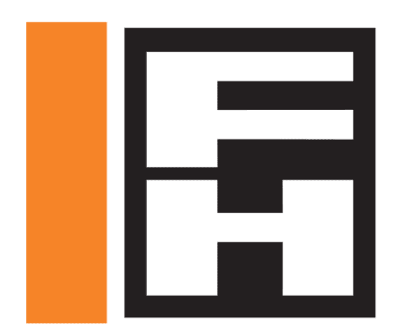 A bold black geometric design on a white background forms the letters "IE" next to a solid vertical orange rectangle on the left.